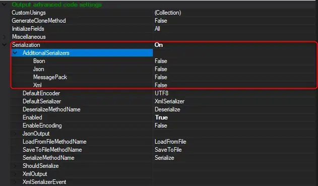 Image showing where to enable Additional serializers