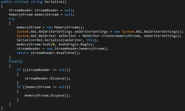 Image showing the Serialize function for XML