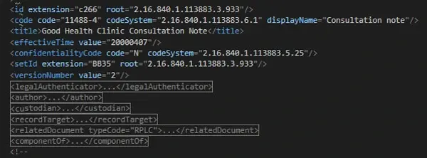 Image showing an example of a HL7 CDA xml Header
