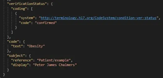 Image showing an example FHIR JSon data file