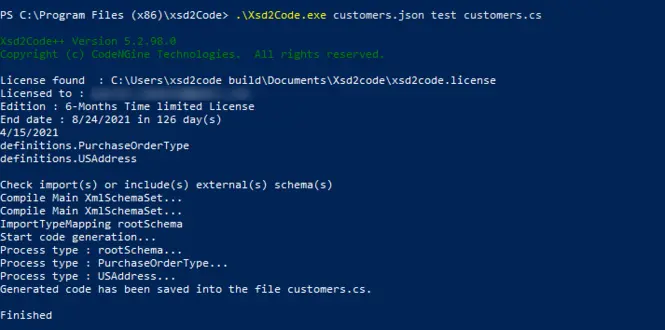 xsd2code comand lines running