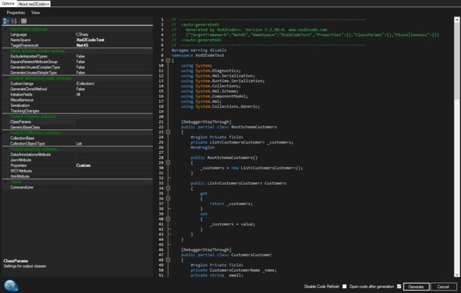 The options page with settings on the Left-side and a preview of the generated code on the right-sight