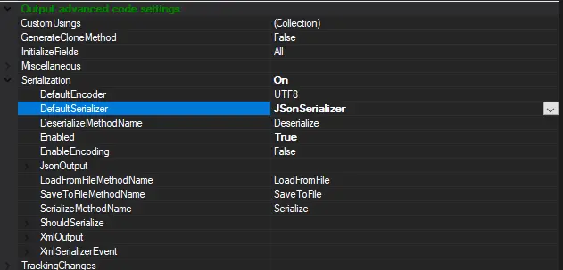 The properties section that lead to turning the options to enable serialization