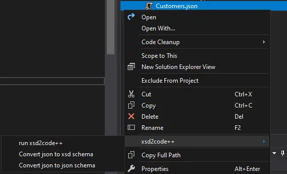 Tooltip that appears when you rightclick on the Json schema while Xsd2Code is installed