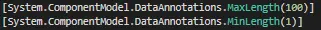 Image showing the Max and Min length settings in the generated code