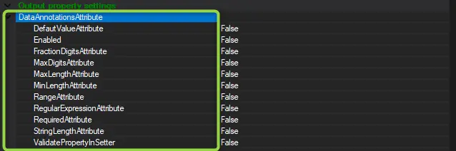 Image showing the Data Annotations Attribute settings list