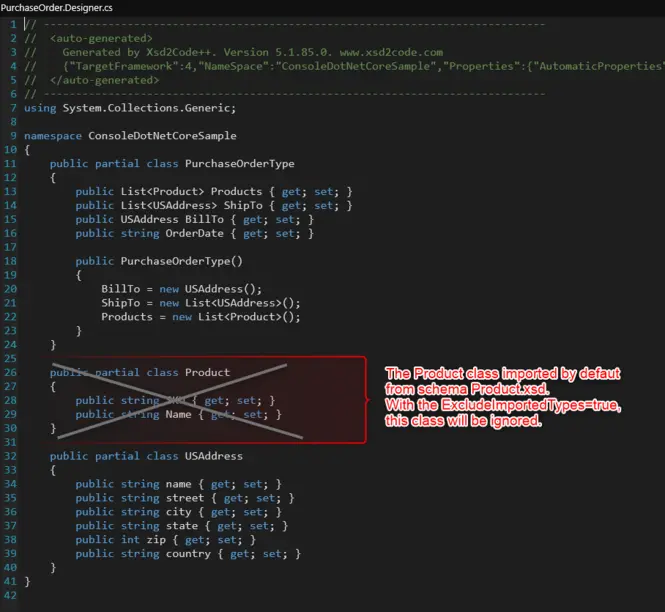 Image showing and explaining that the product class with be ignored with the ExcludeImportedTypes=true